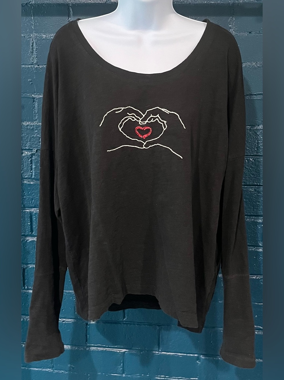 Black Long-Sleeve Top with Heart Hand Embroidery